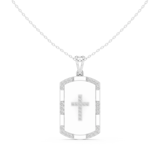 White Enamel Pavé Cross Dog Tag Moissanite Pendant in white 925 sterling silver, view 4