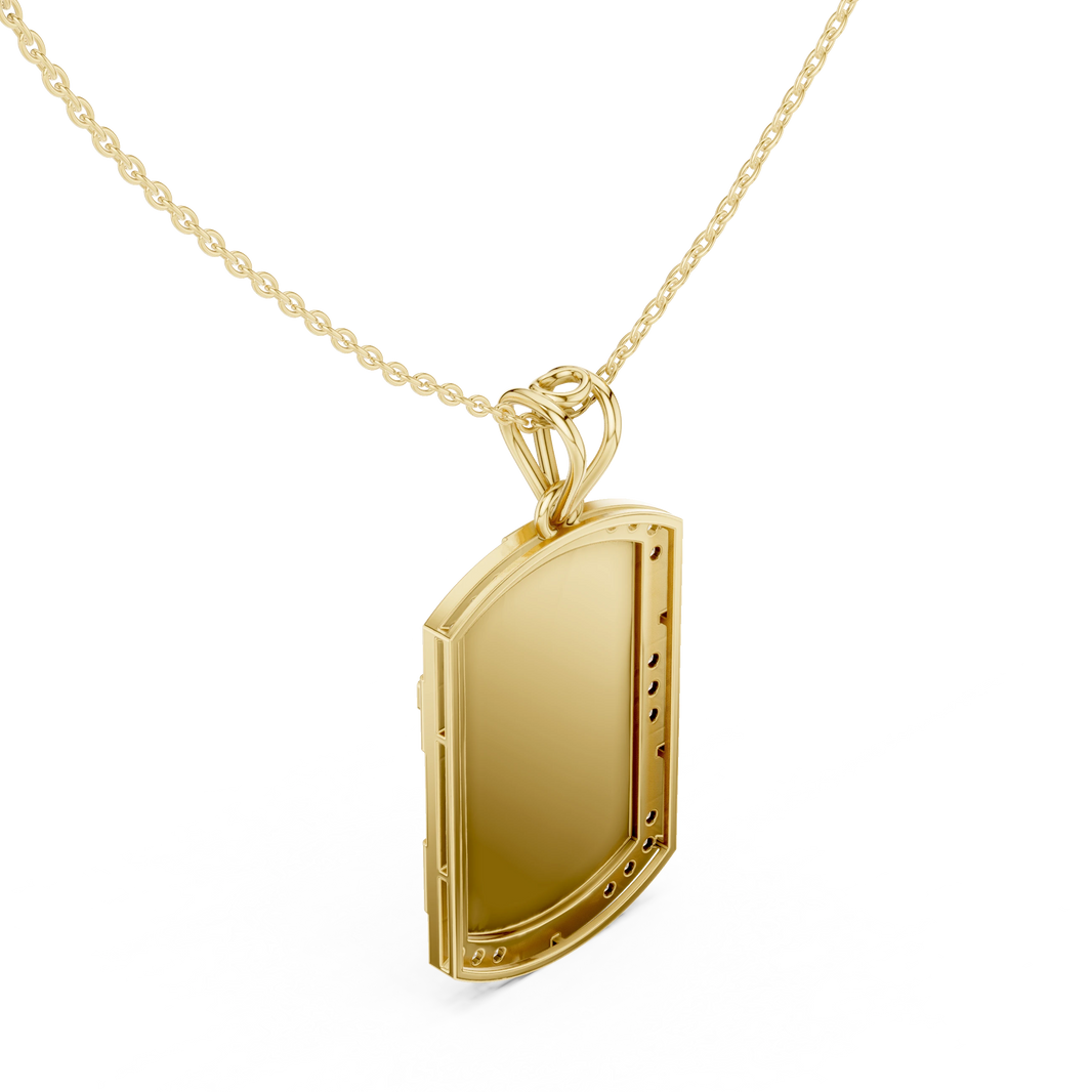 White Enamel Pavé Cross Dog Tag Moissanite Pendant in yellow 925 sterling silver, view 2