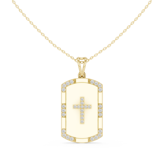 White Enamel Pavé Cross Dog Tag Moissanite Pendant in yellow 925 sterling silver, view 4