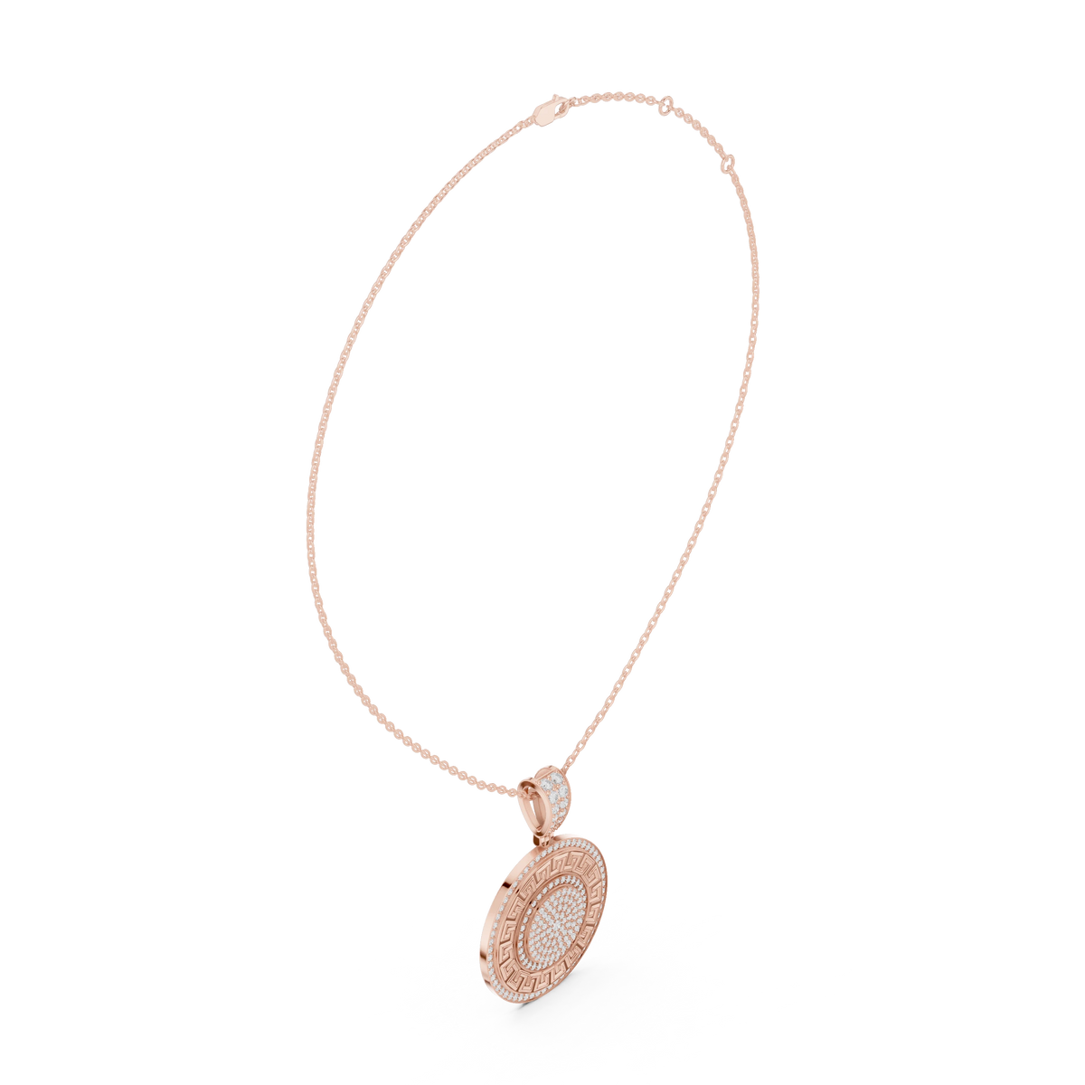 Greek Key White Enamel Pavé Medallion Moissanite Pendant in rose 925 sterling silver, view 1