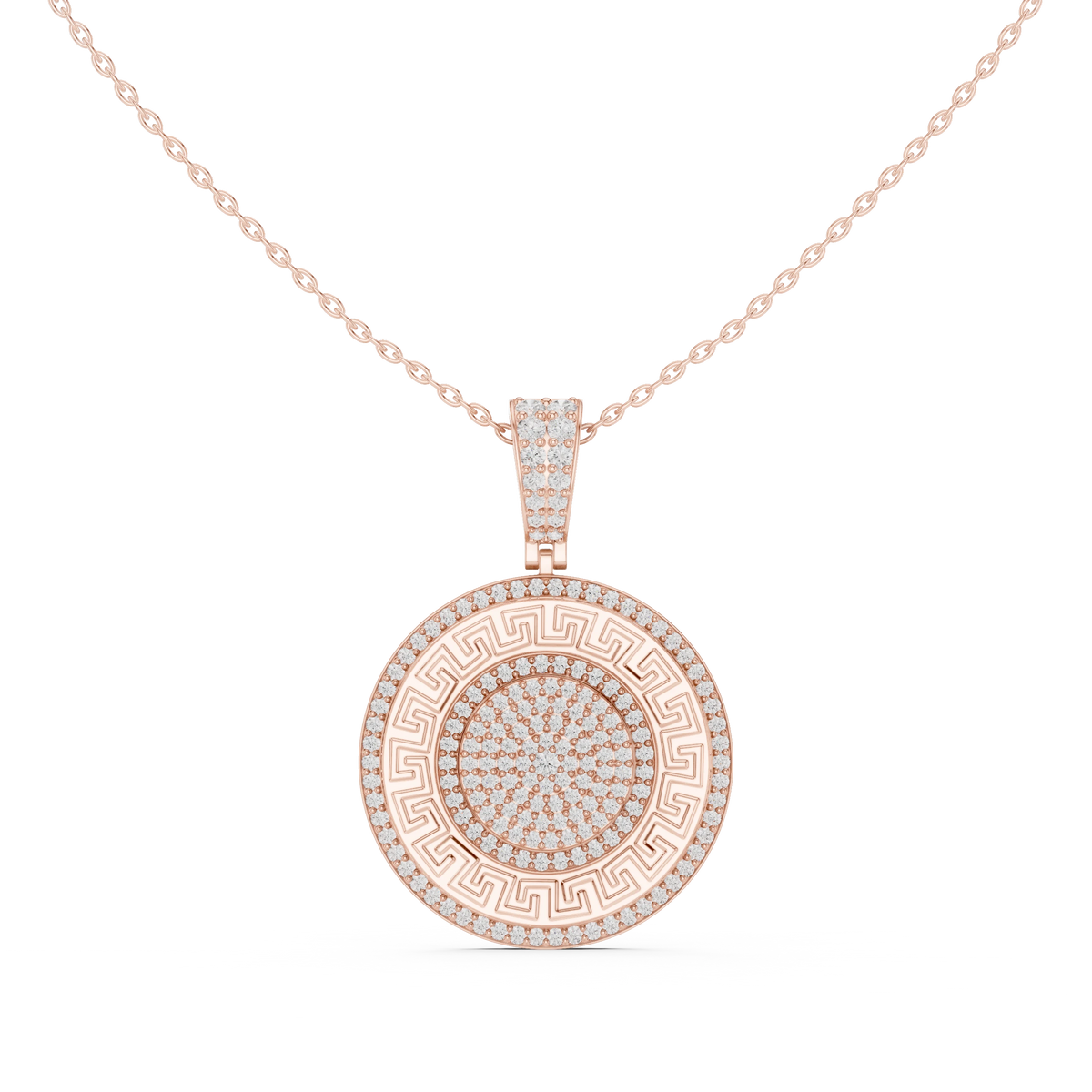 Greek Key White Enamel Pavé Medallion Moissanite Pendant in rose 925 sterling silver, view 4