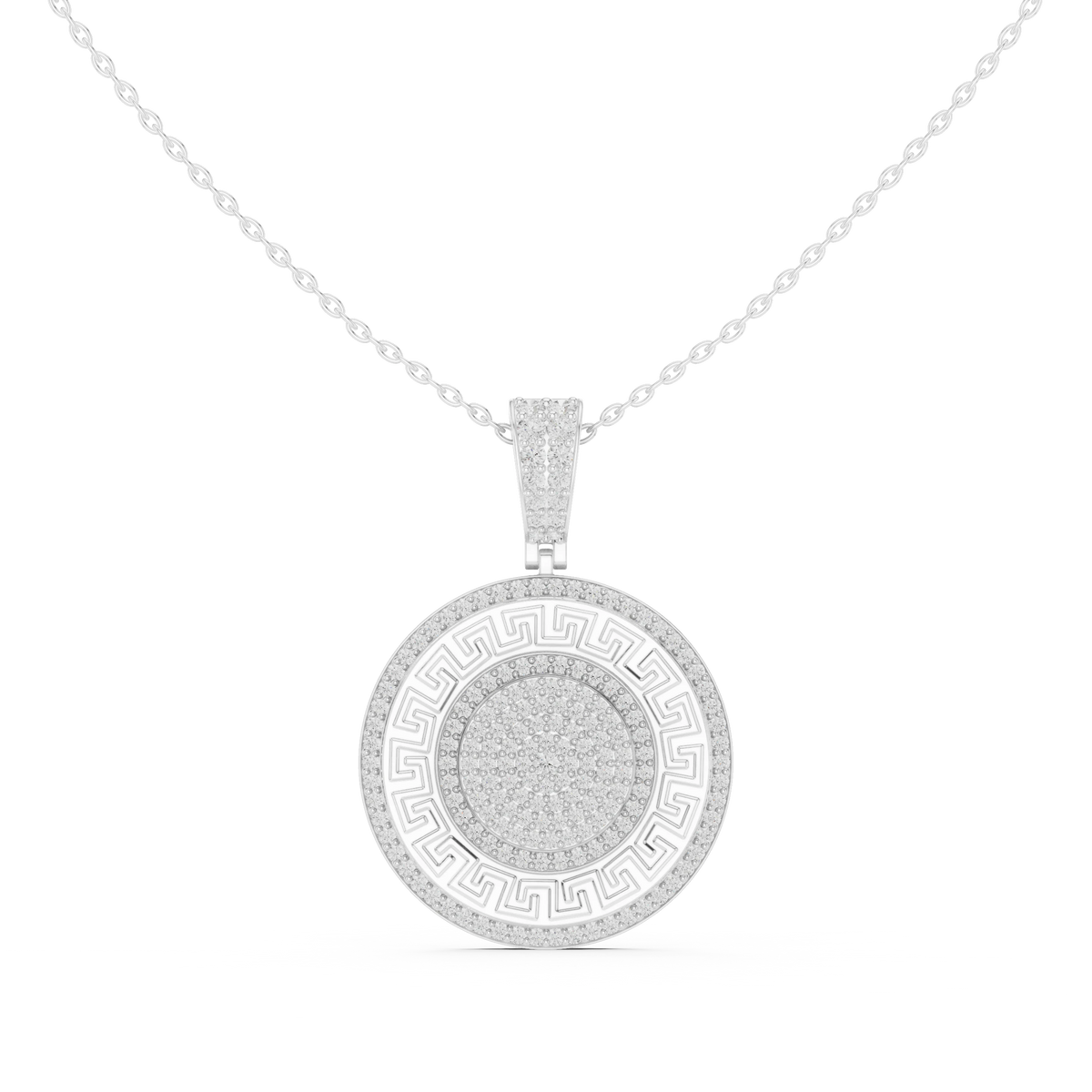 Greek Key White Enamel Pavé Medallion Moissanite Pendant in white 925 sterling silver, view 4