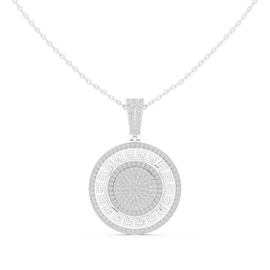 Greek Key White Enamel Pavé Medallion Moissanite Pendant in white 925 sterling silver, view 4