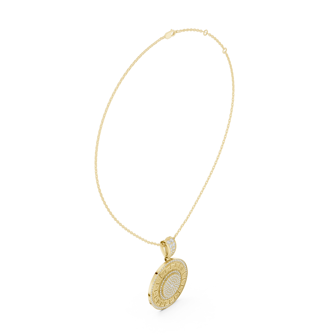 Greek Key White Enamel Pavé Medallion Moissanite Pendant in yellow 925 sterling silver, view 1