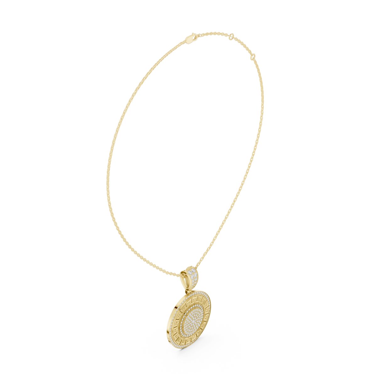 Greek Key White Enamel Pavé Medallion Moissanite Pendant in yellow 925 sterling silver, view 1
