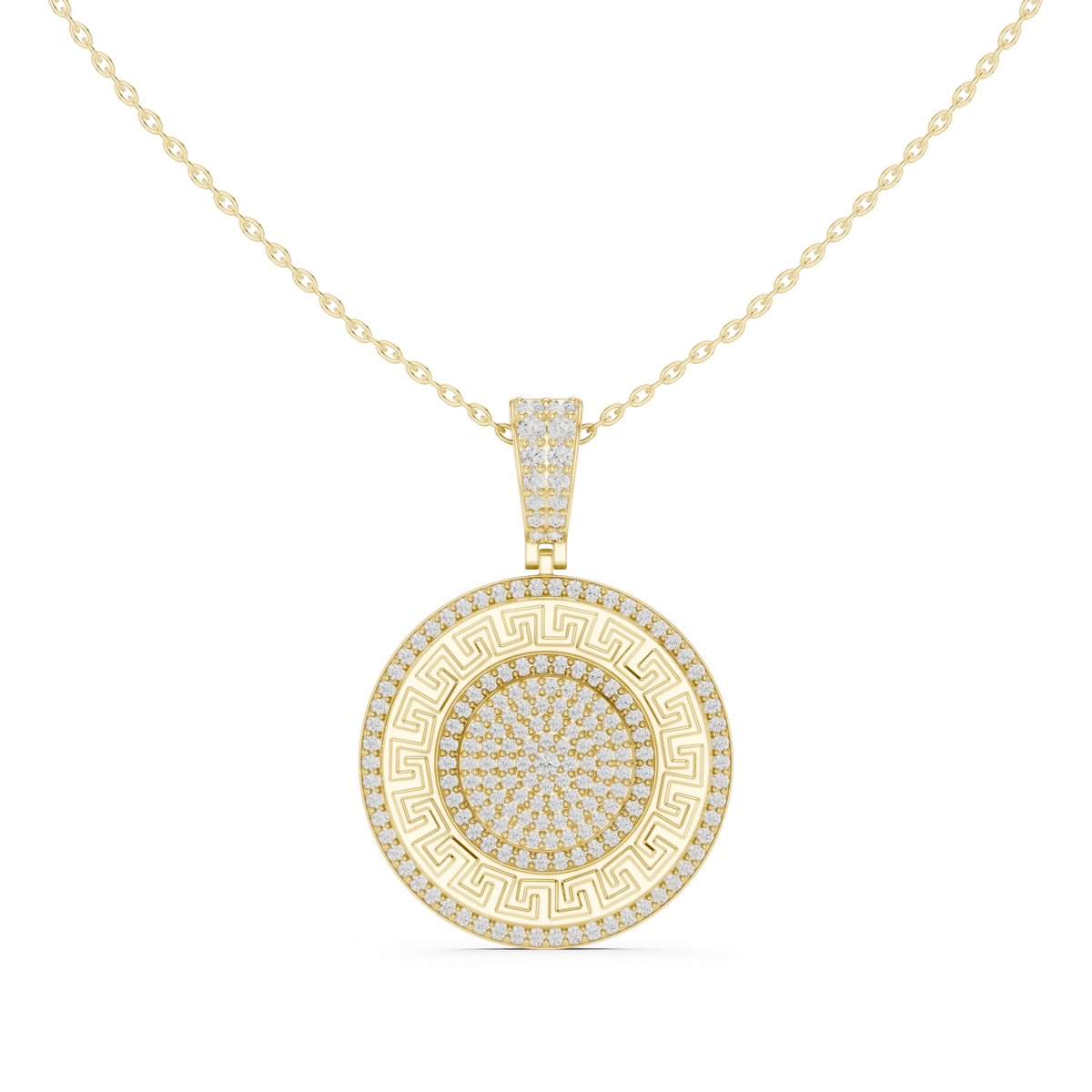 Greek Key White Enamel Pavé Medallion Moissanite Pendant in yellow 925 sterling silver, view 4
