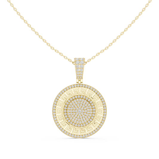 Greek Key White Enamel Pavé Medallion Moissanite Pendant in yellow 925 sterling silver, view 4