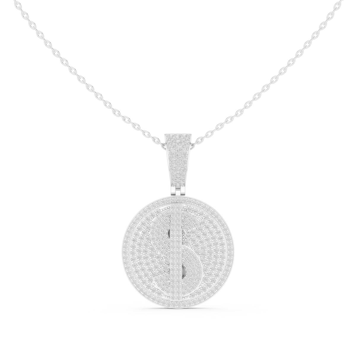 Iced Dollar Sign Medallion Moissanite Pendant in white 925 sterling silver, view 4