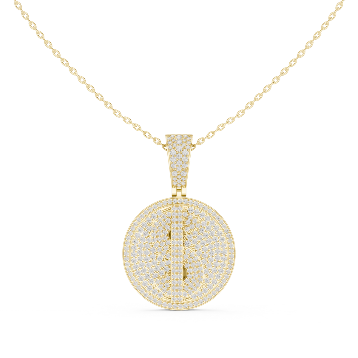 Iced Dollar Sign Medallion Moissanite Pendant in yellow 925 sterling silver, view 4
