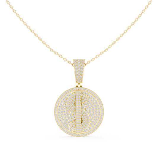 Iced Dollar Sign Medallion Moissanite Pendant in yellow 925 sterling silver, view 4