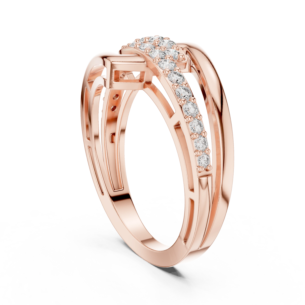 Square Buckle Two Row Bypass Moissanite Ring in rose 925 sterling silver, view 1