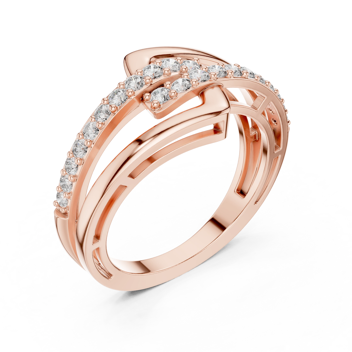 Square Buckle Two Row Bypass Moissanite Ring in rose 925 sterling silver, view 2