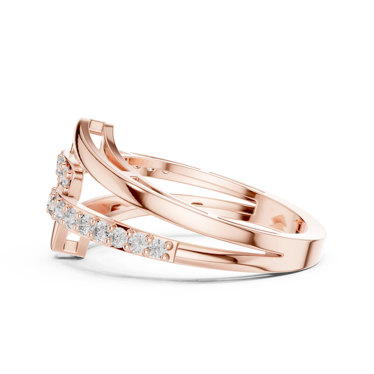 Square Buckle Two Row Bypass Moissanite Ring in rose 925 sterling silver, view 3