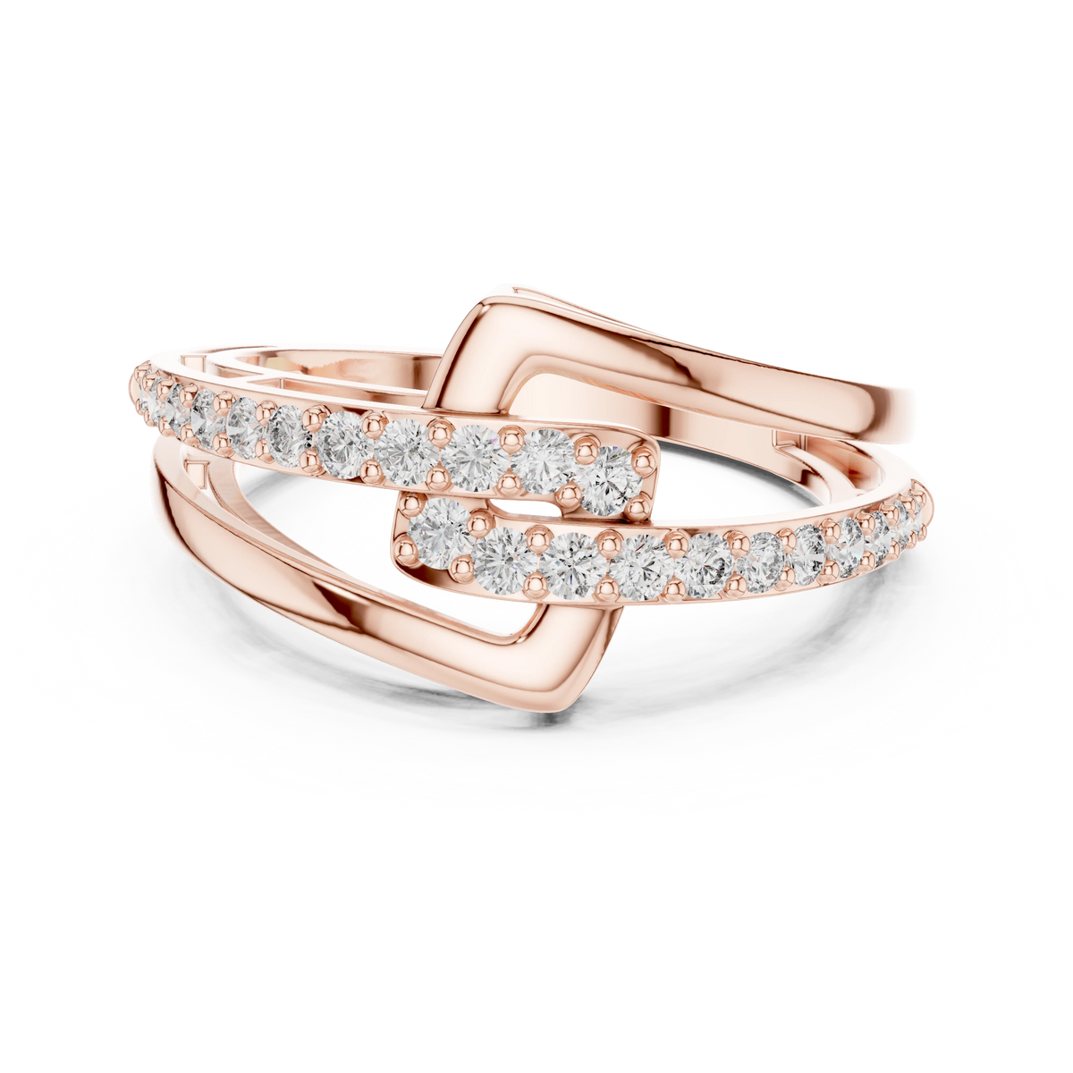 Square Buckle Two Row Bypass Moissanite Ring in rose 925 sterling silver, view 4