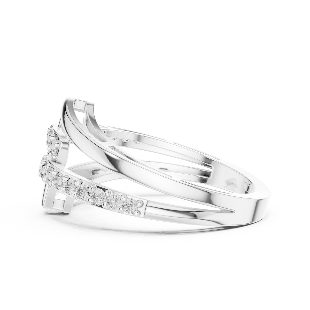 Square Buckle Two Row Bypass Moissanite Ring in white 925 sterling silver, view 3