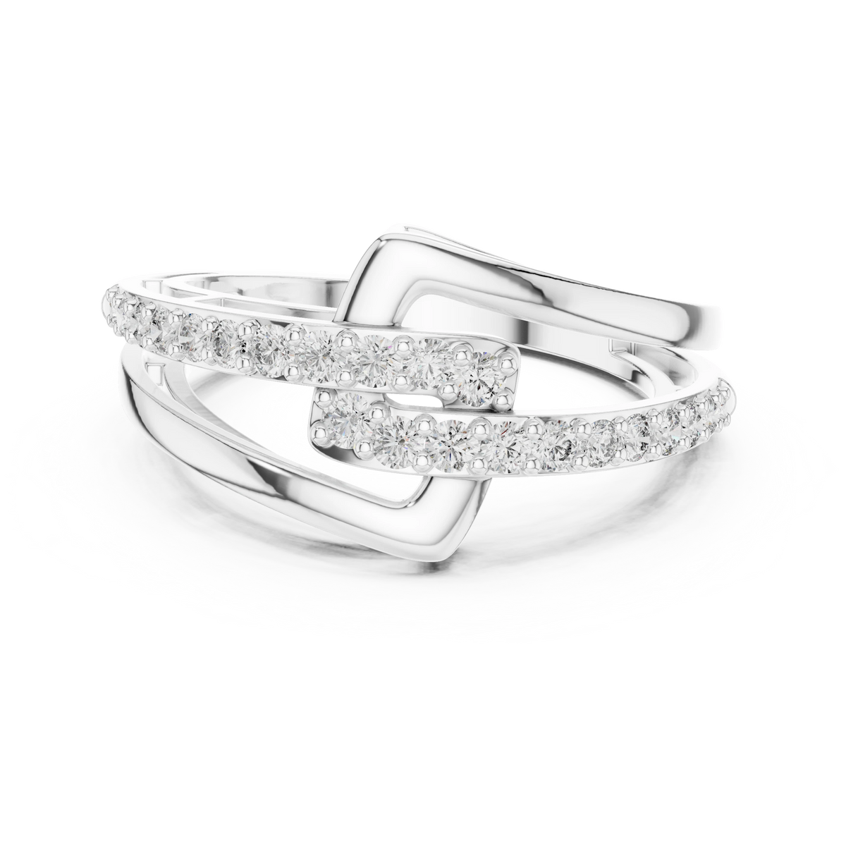 Square Buckle Two Row Bypass Moissanite Ring in white 925 sterling silver, view 4