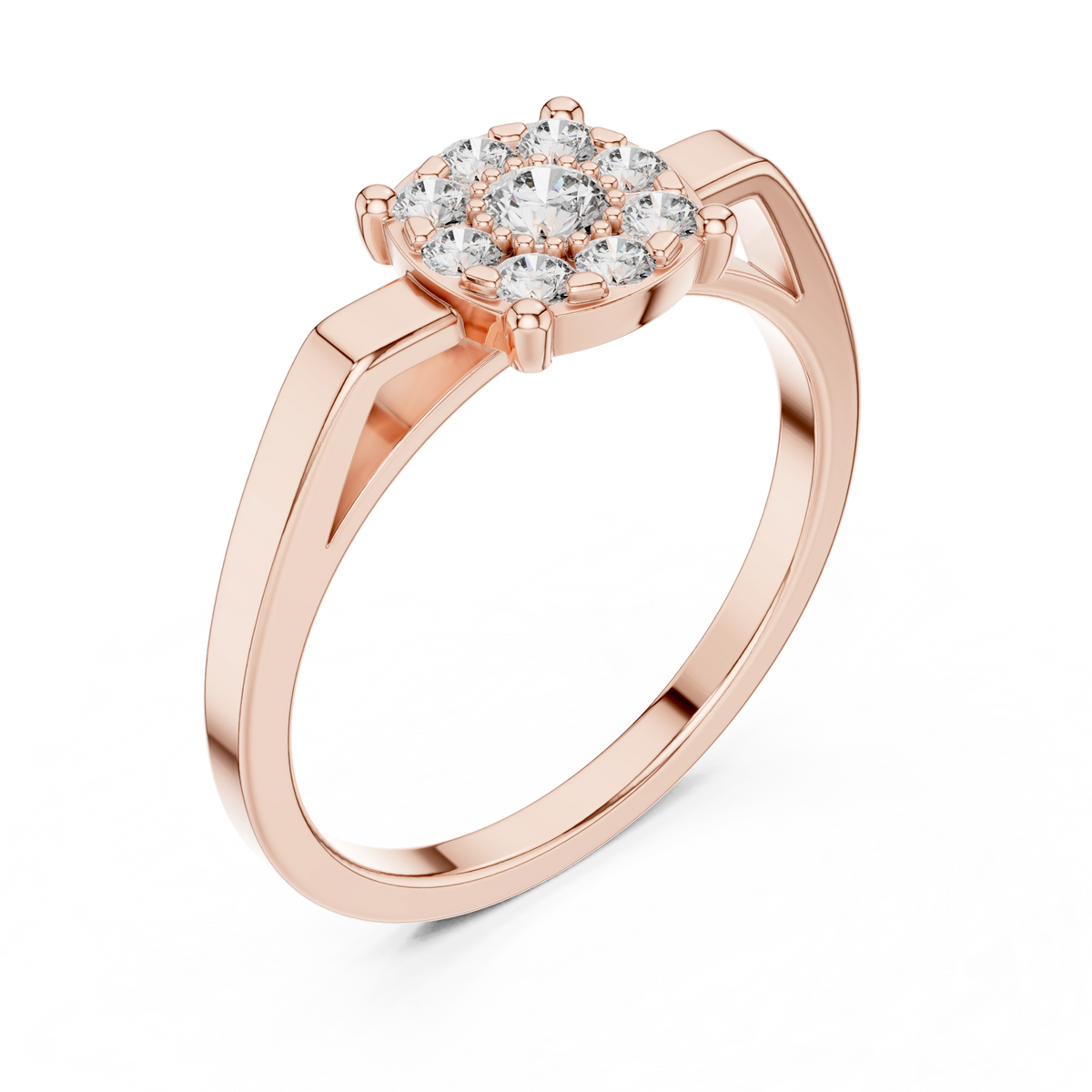 Cushion Shape Cluster Four Claw Moissanite Ring in rose 925 sterling silver, view 2