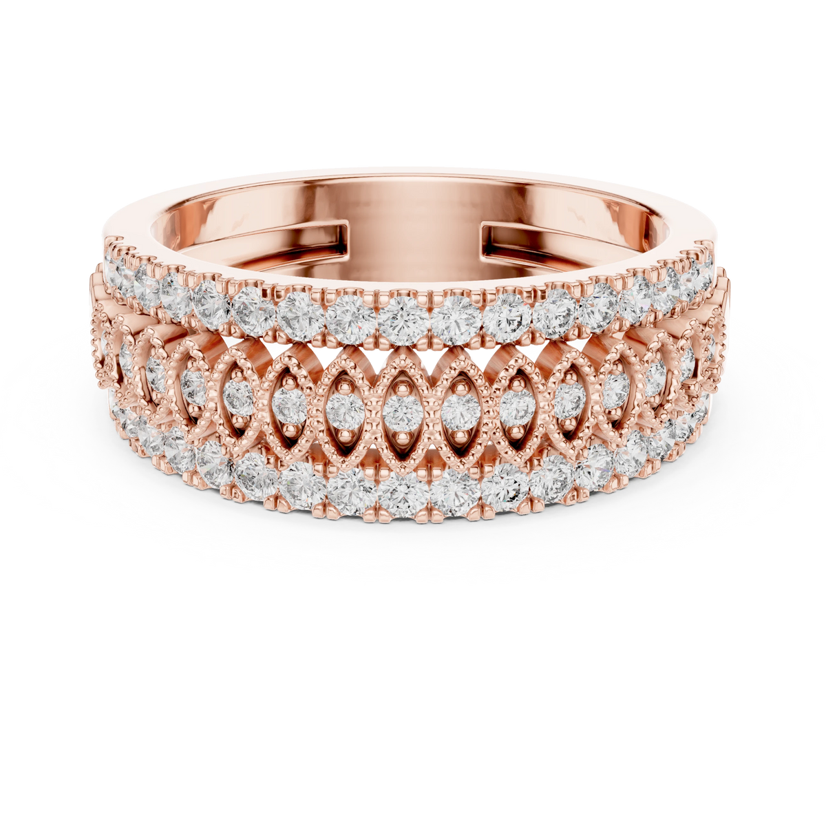 Three Row Marquise Frame Half Eternity Moissanite Ring in rose 925 sterling silver, view 4