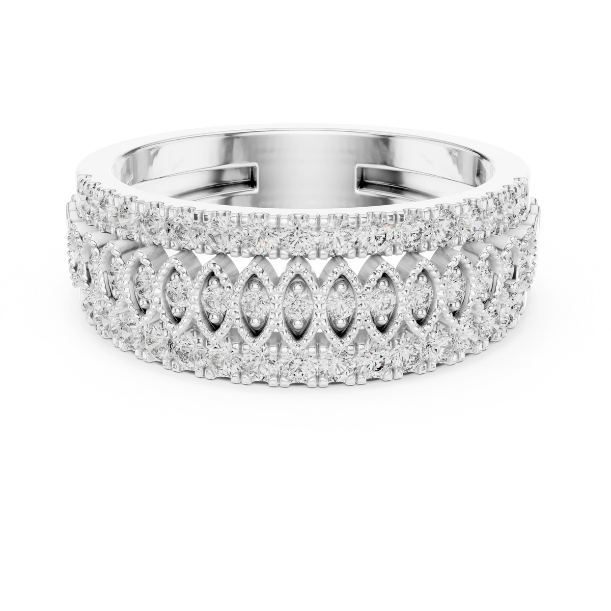 Three Row Marquise Frame Half Eternity Moissanite Ring in white 925 sterling silver, view 4