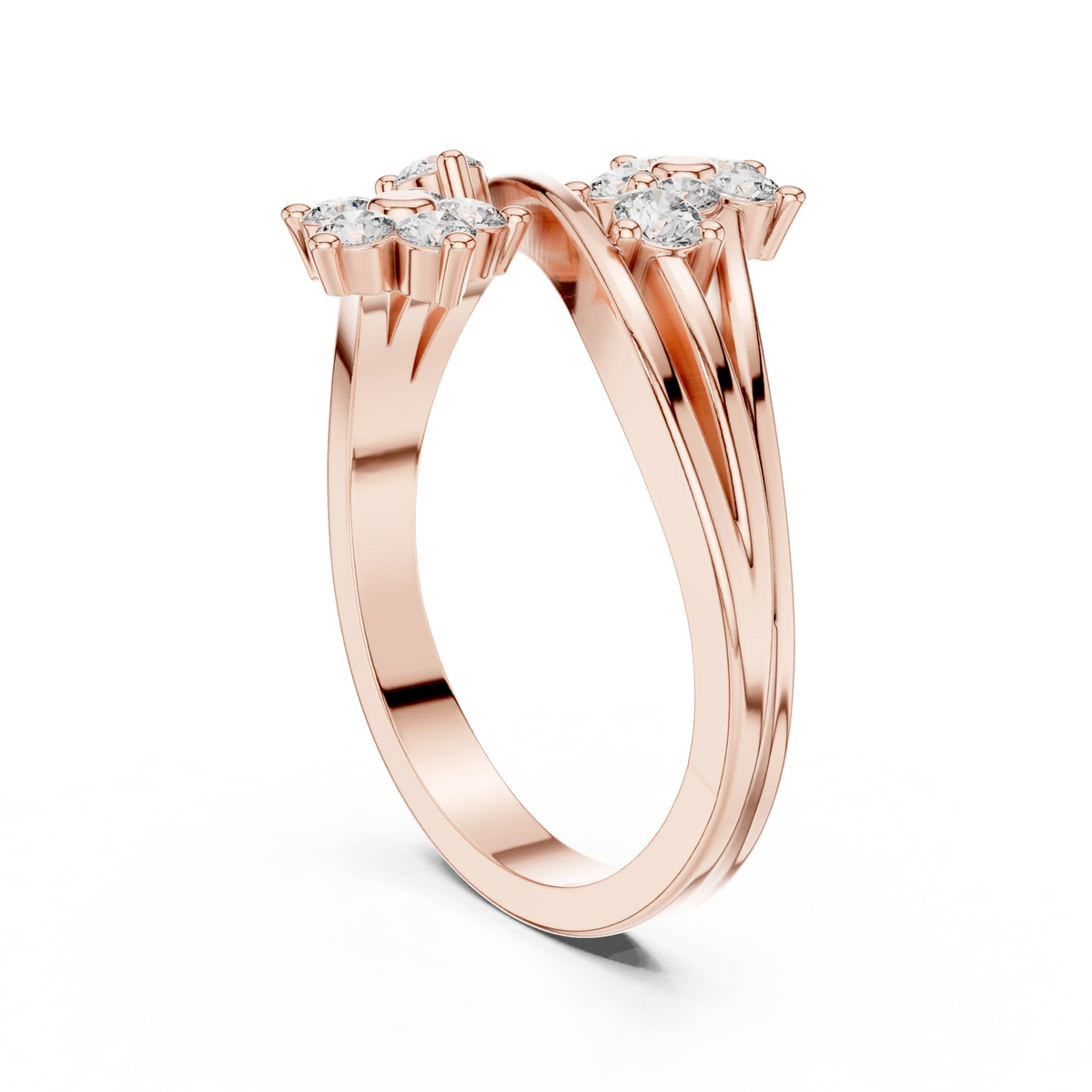 Bypass Twin Flower Moissanite Ring in rose 925 sterling silver, view 1