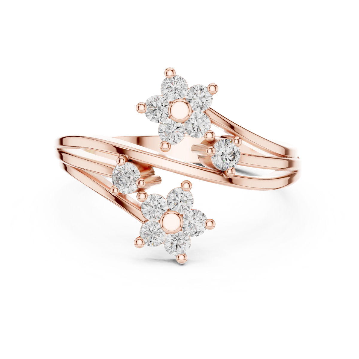 Bypass Twin Flower Moissanite Ring in rose 925 sterling silver, view 4