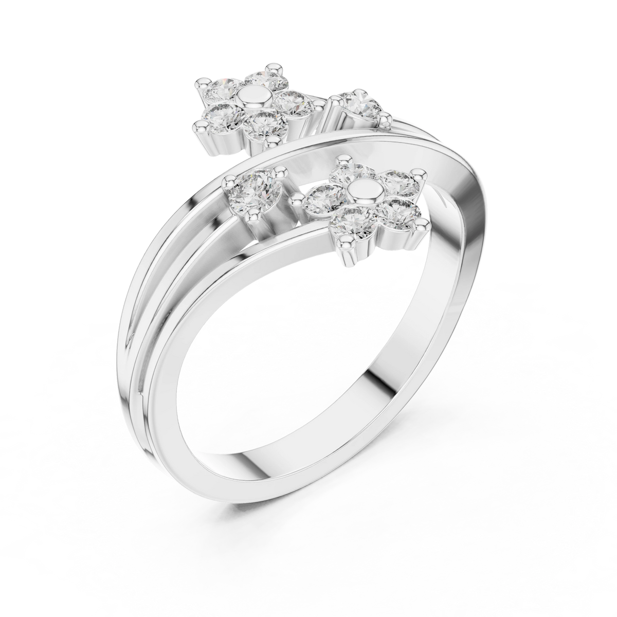 Bypass Twin Flower Moissanite Ring in white 925 sterling silver, view 2
