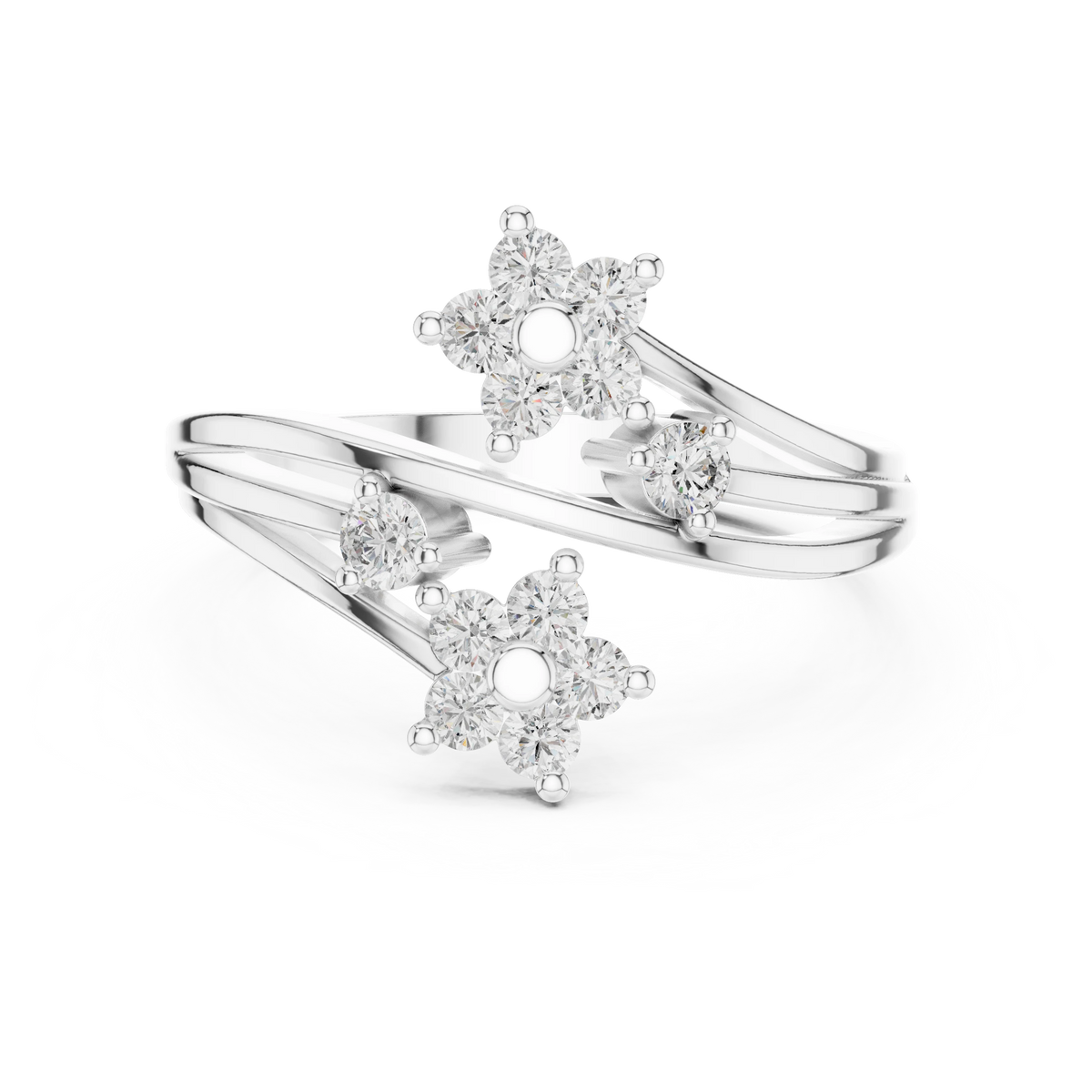 Bypass Twin Flower Moissanite Ring in white 925 sterling silver, view 4