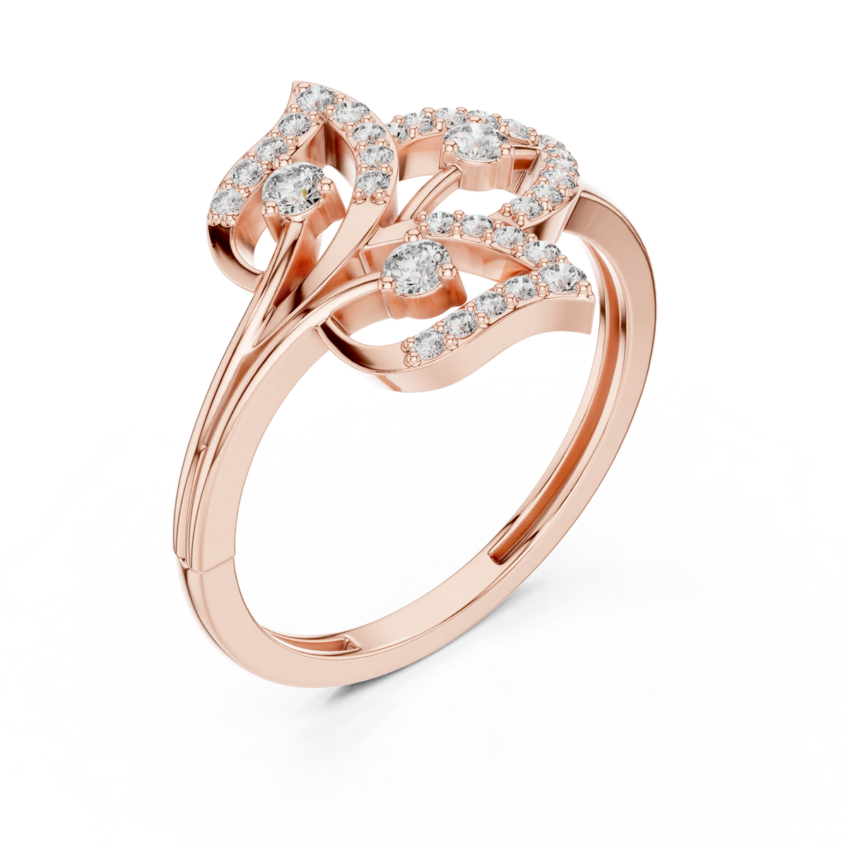 Three Leaf Open Pavé Moissanite Ring in rose 925 sterling silver, view 2