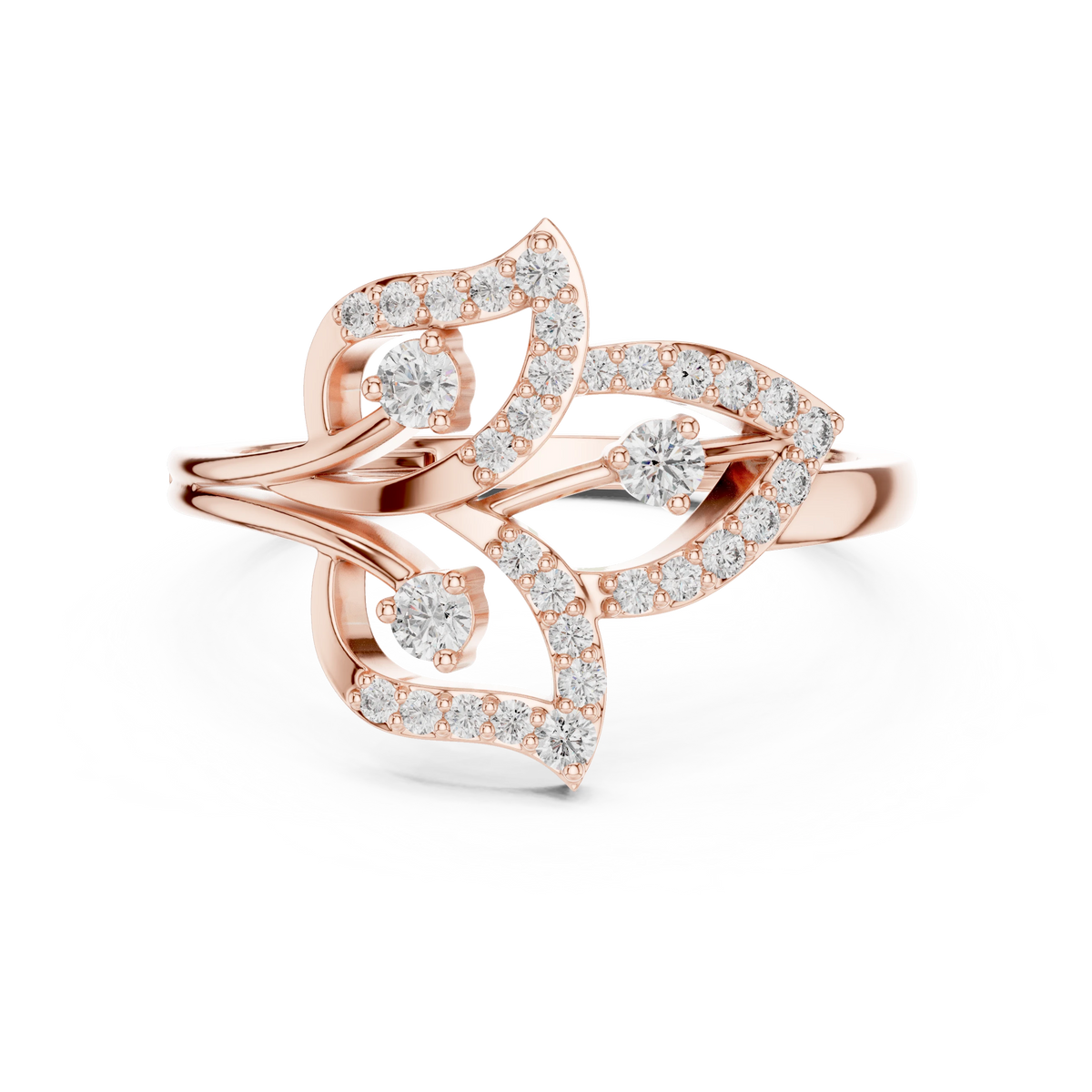 Three Leaf Open Pavé Moissanite Ring in rose 925 sterling silver, view 4