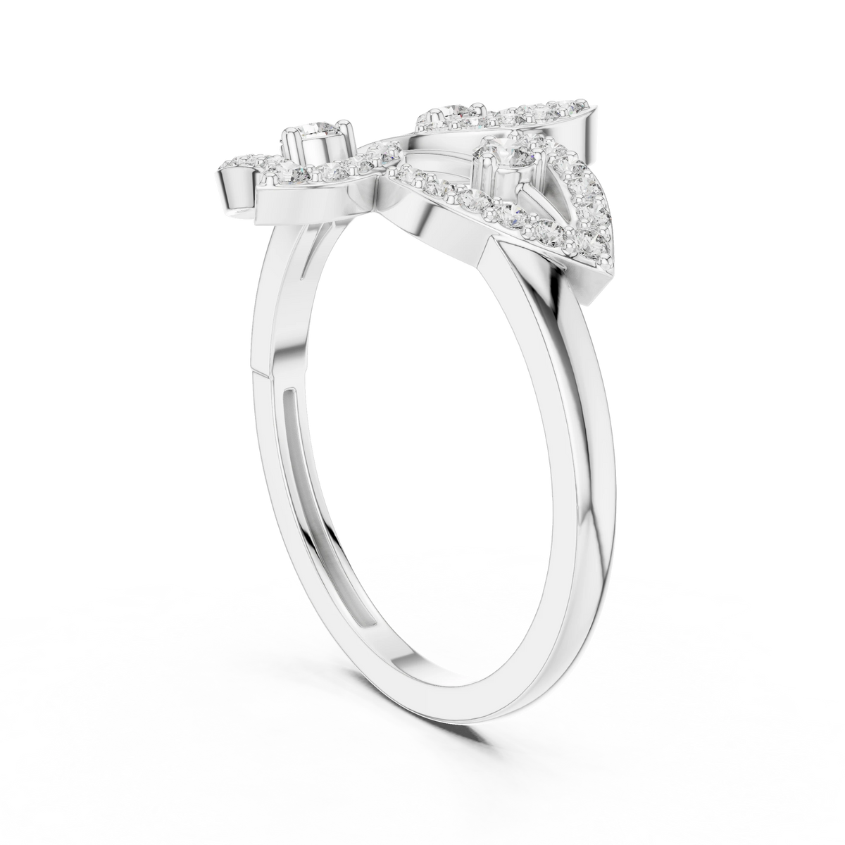 Three Leaf Open Pavé Moissanite Ring in white 925 sterling silver, view 1