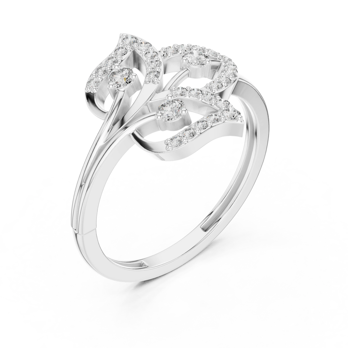 Three Leaf Open Pavé Moissanite Ring in white 925 sterling silver, view 2