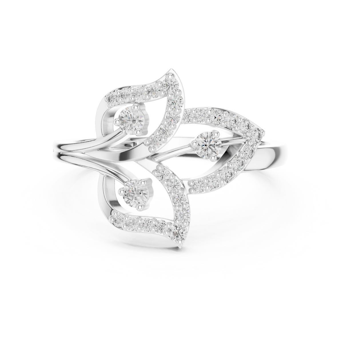 Three Leaf Open Pavé Moissanite Ring in white 925 sterling silver, view 4