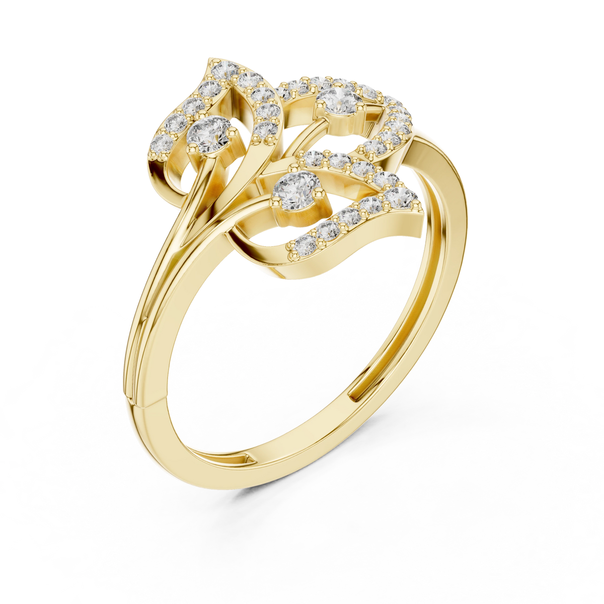 Three Leaf Open Pavé Moissanite Ring in yellow 925 sterling silver, view 2
