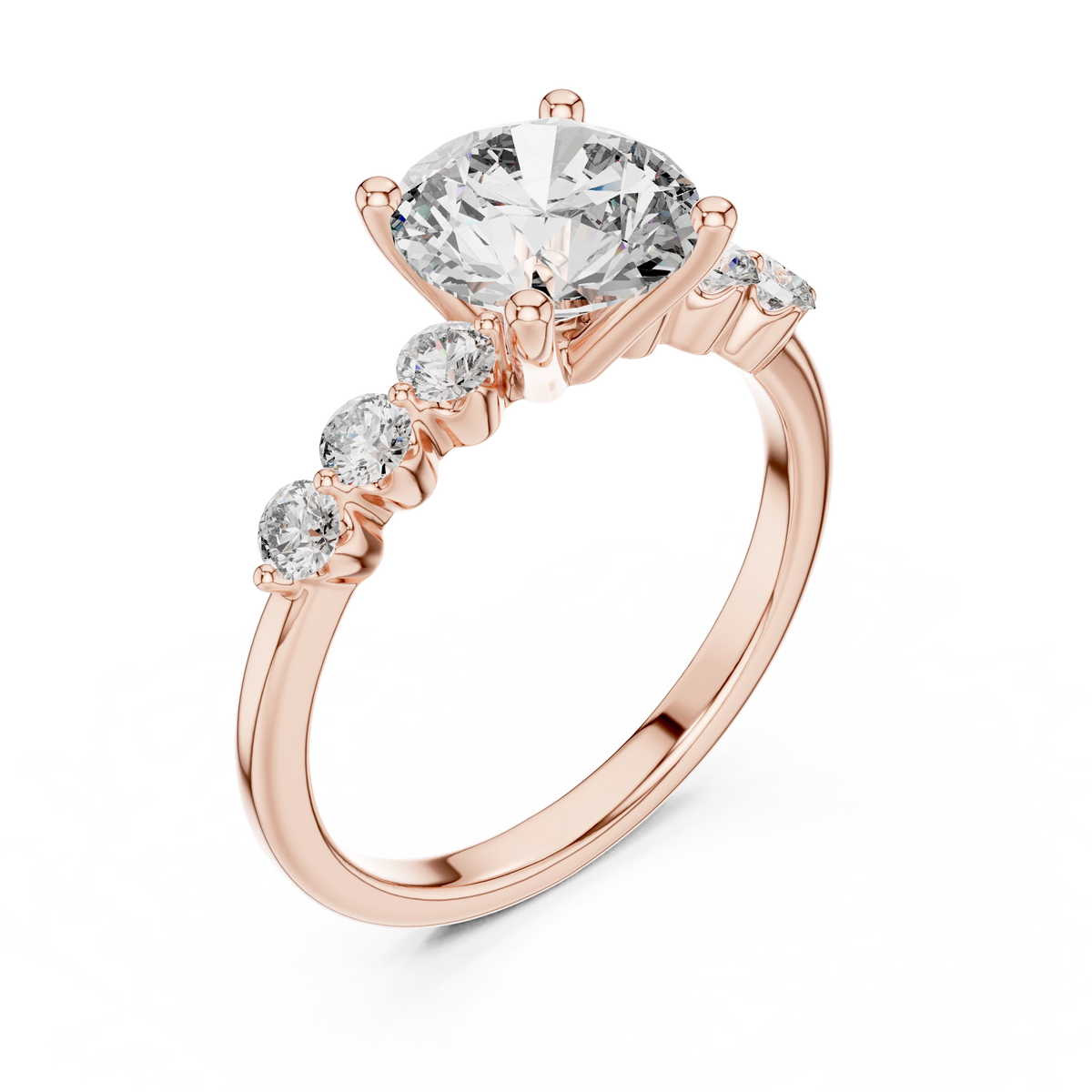 Round Seven Stone Moissanite Engagement Ring in rose 925 sterling silver, view 2