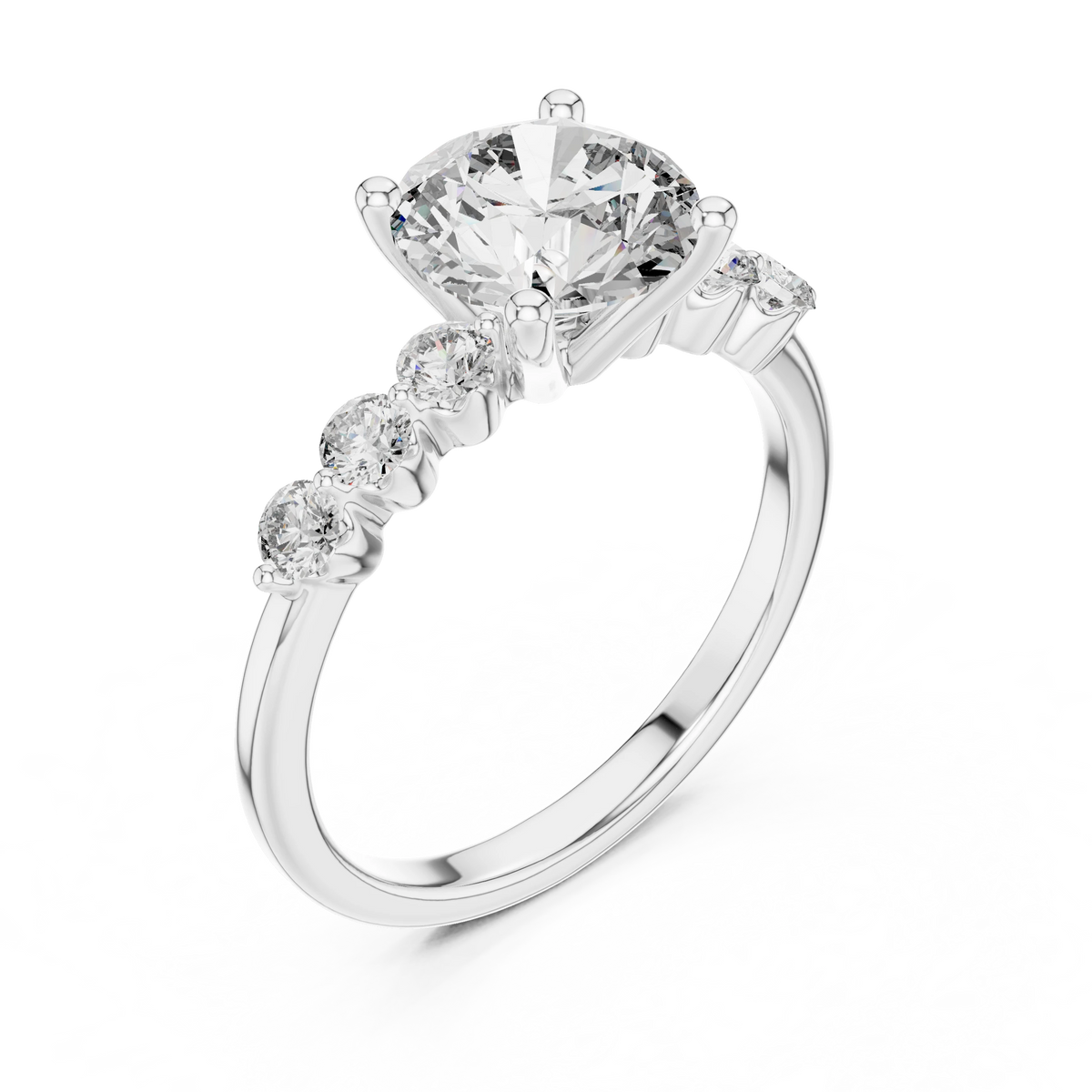 Round Seven Stone Moissanite Engagement Ring in white 925 sterling silver, view 2