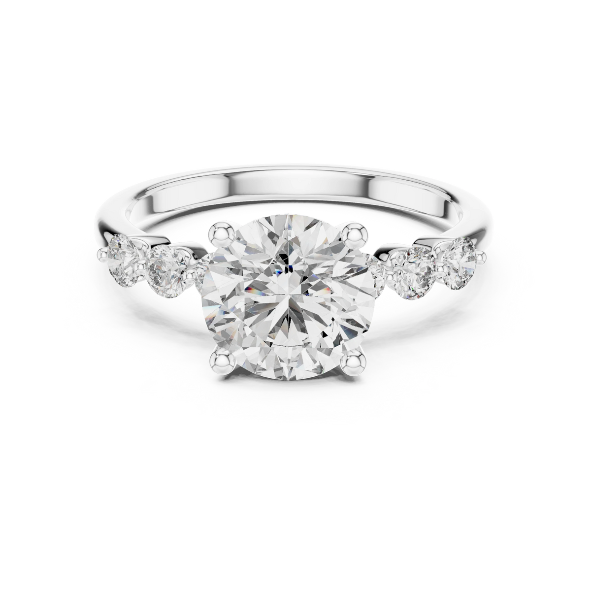 Round Seven Stone Moissanite Engagement Ring in white 925 sterling silver, view 4