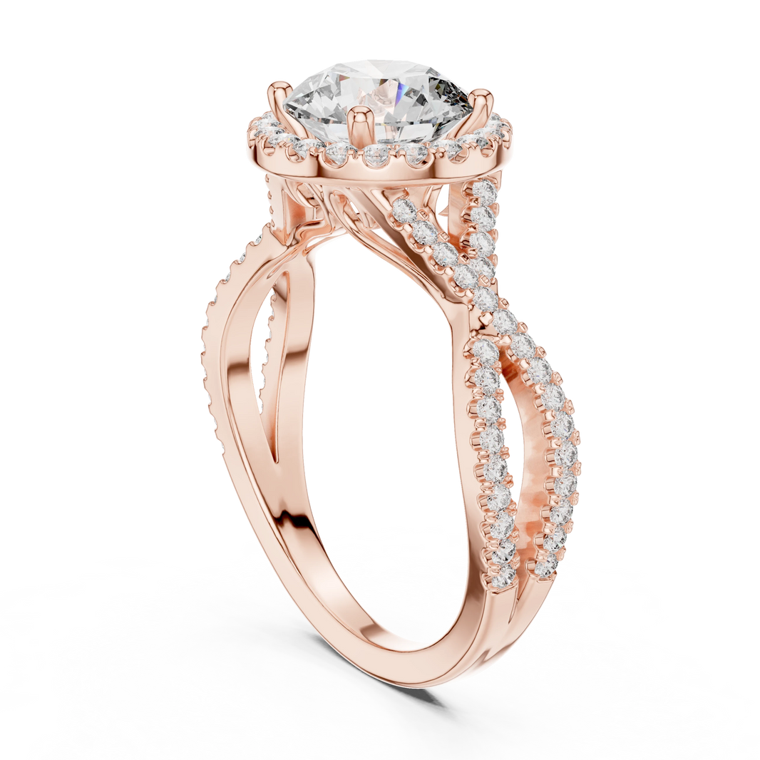 Round Halo Twisted Split Shank Moissanite Engagement Ring in rose 925 sterling silver, view 1