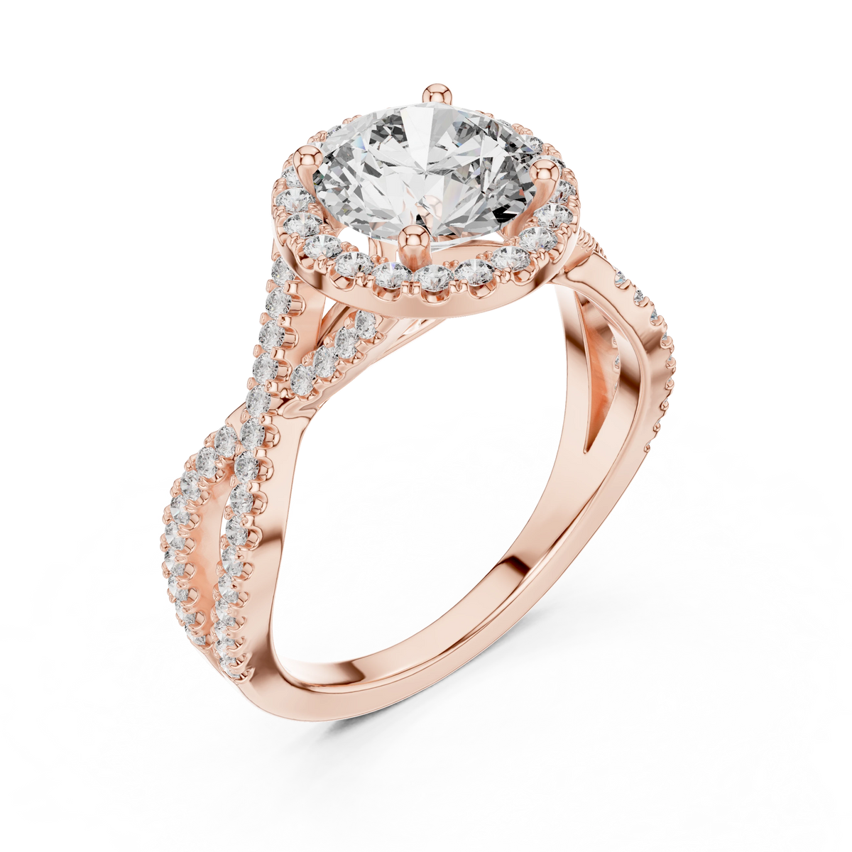 Round Halo Twisted Split Shank Moissanite Engagement Ring in rose 925 sterling silver, view 2