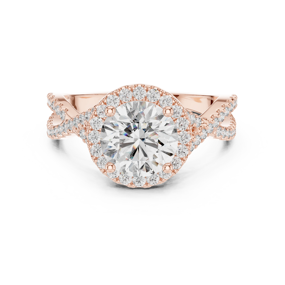 Round Halo Twisted Split Shank Moissanite Engagement Ring in rose 925 sterling silver, view 4