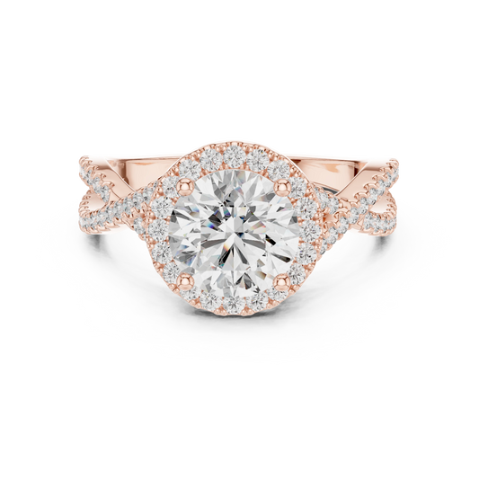 Round Halo Twisted Split Shank Moissanite Engagement Ring in rose 925 sterling silver, view 4
