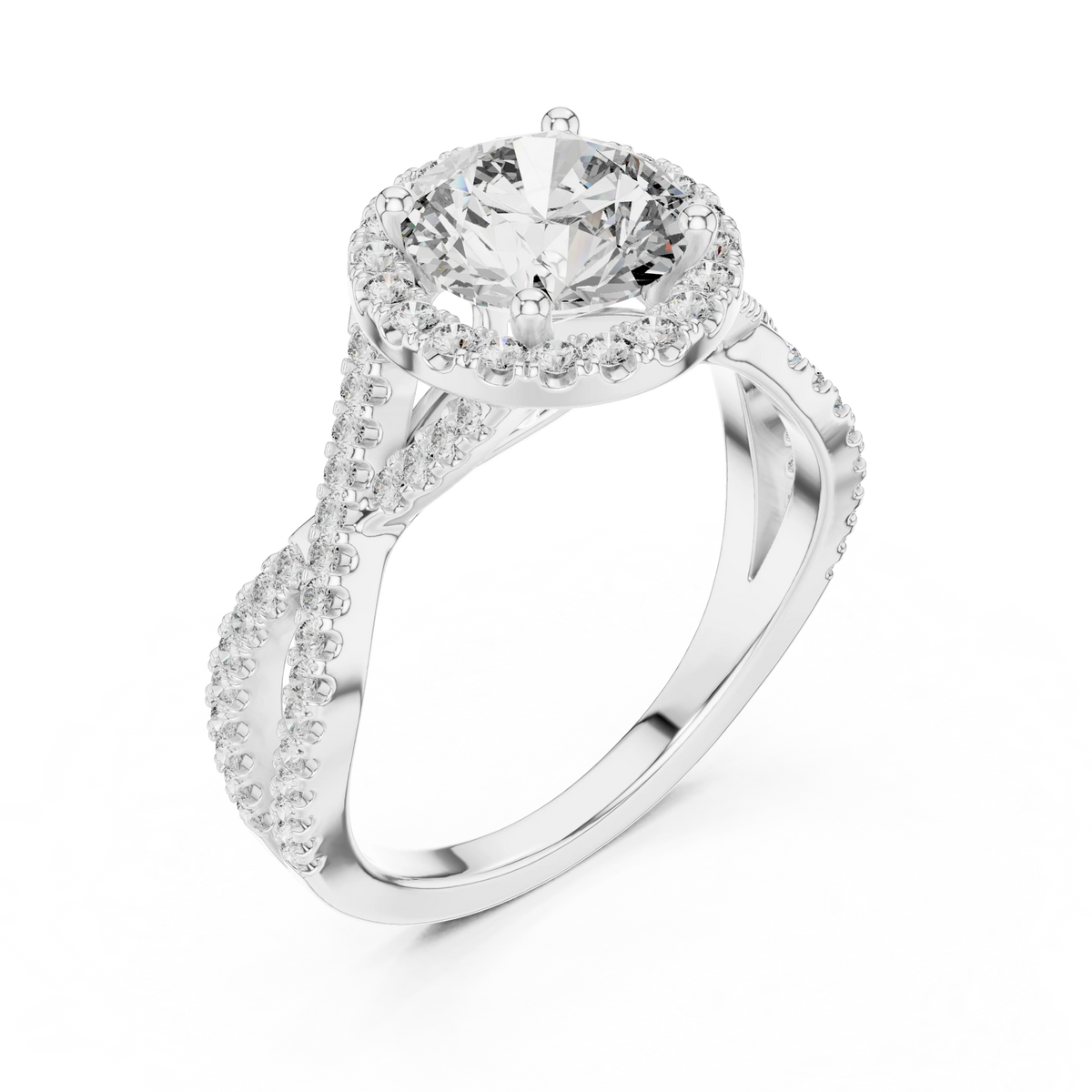 Round Halo Twisted Split Shank Moissanite Engagement Ring in white 925 sterling silver, view 2