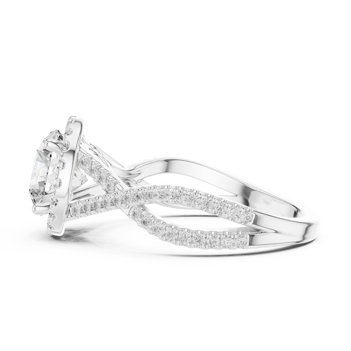 Round Halo Twisted Split Shank Moissanite Engagement Ring in white 925 sterling silver, view 3