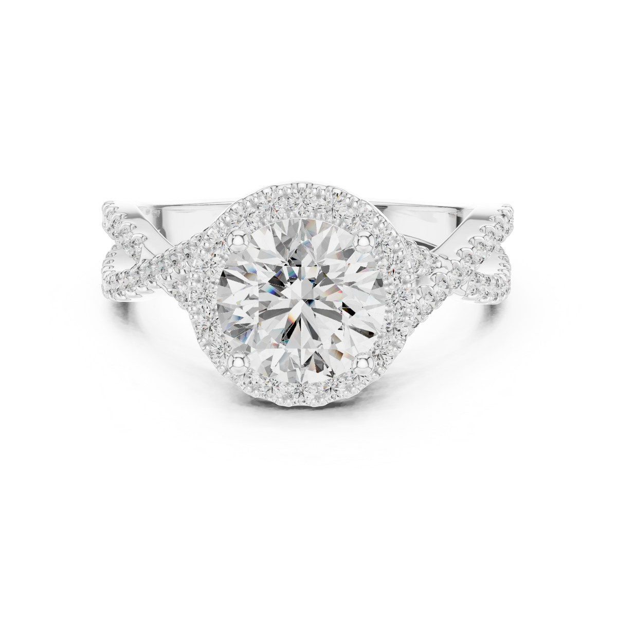 Round Halo Twisted Split Shank Moissanite Engagement Ring in white 925 sterling silver, view 4