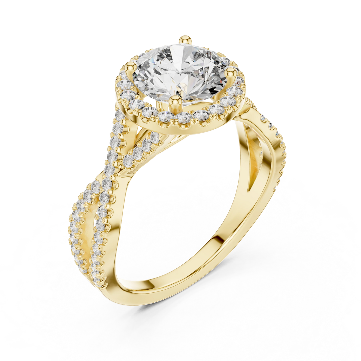 Round Halo Twisted Split Shank Moissanite Engagement Ring in yellow 925 sterling silver, view 2