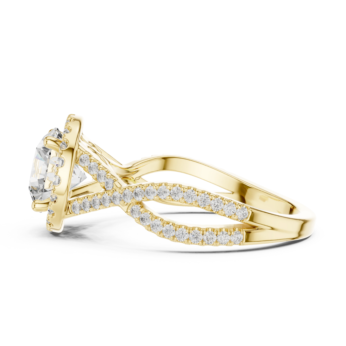 Round Halo Twisted Split Shank Moissanite Engagement Ring in yellow 925 sterling silver, view 3
