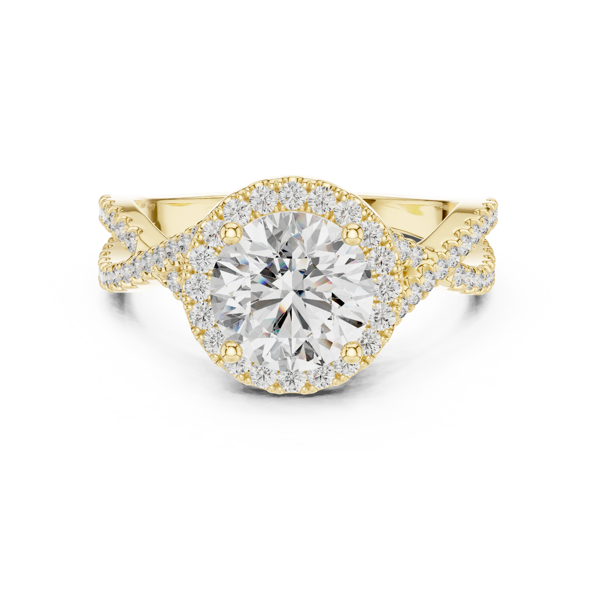 Round Halo Twisted Split Shank Moissanite Engagement Ring in yellow 925 sterling silver, view 4