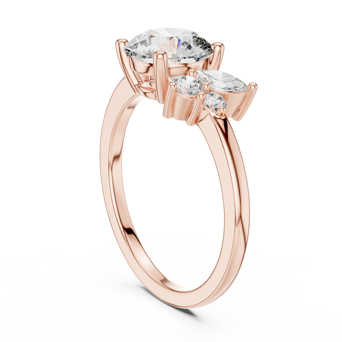 Round Asymmetric Marquise Cluster Moissanite Engagement Ring in rose 925 sterling silver, view 1
