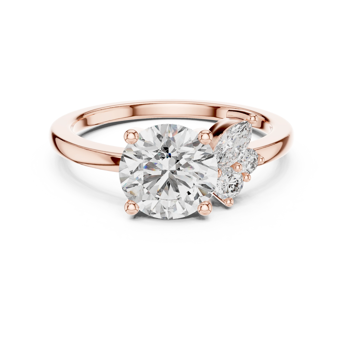 Round Asymmetric Marquise Cluster Moissanite Engagement Ring in rose 925 sterling silver, view 4