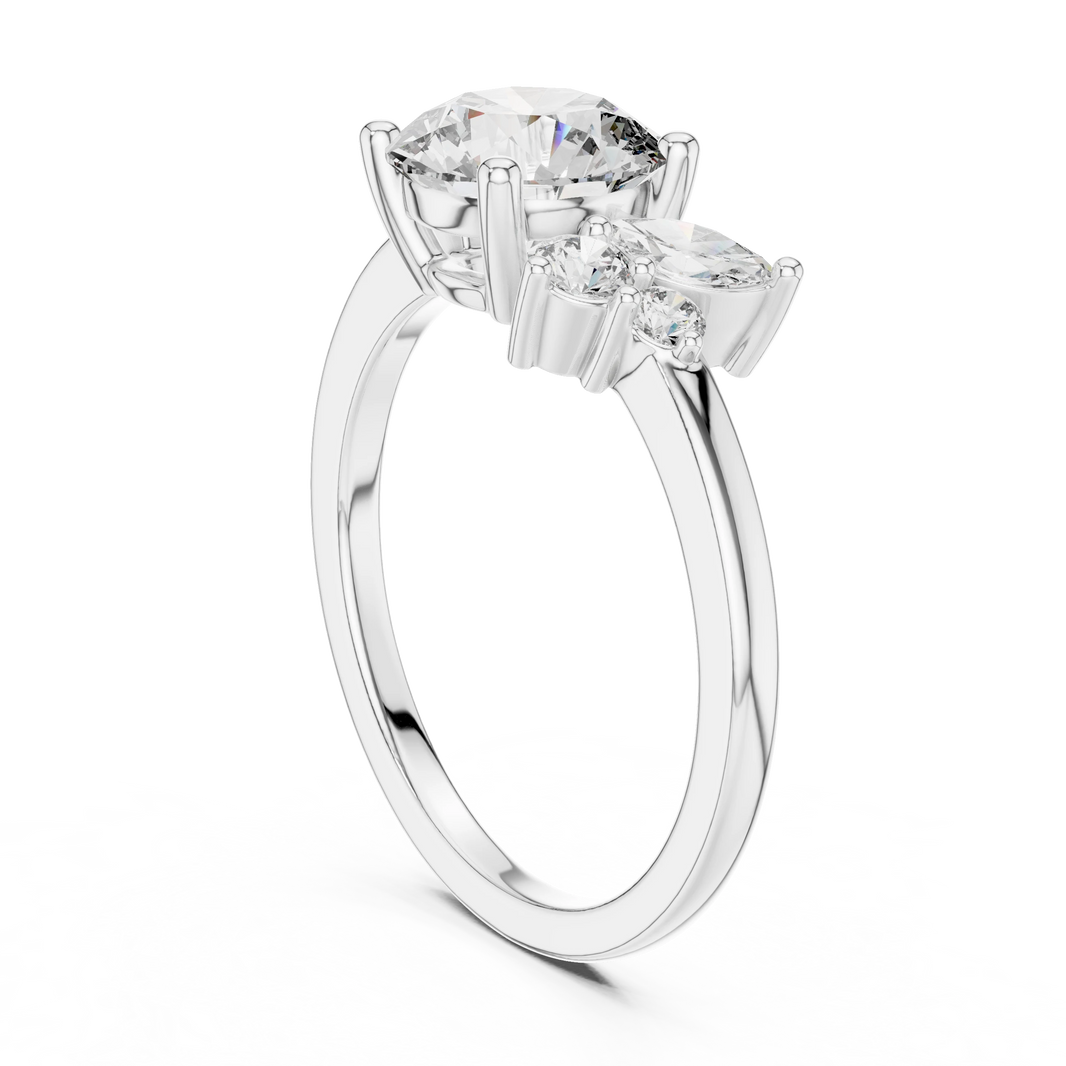 Round Asymmetric Marquise Cluster Moissanite Engagement Ring in white 925 sterling silver, view 1
