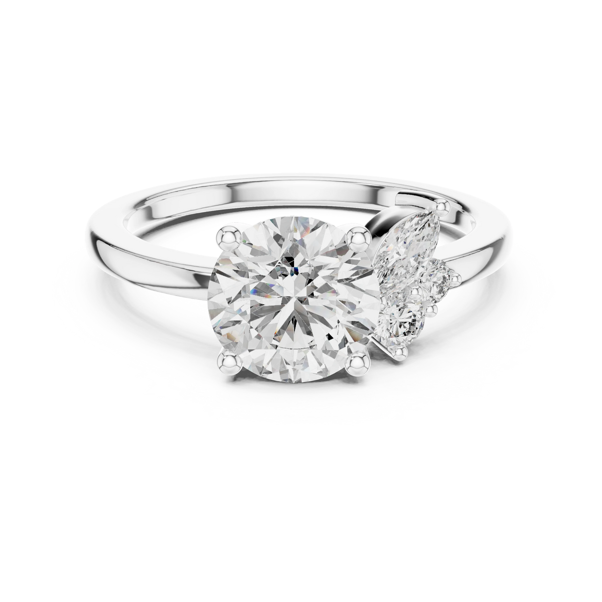 Round Asymmetric Marquise Cluster Moissanite Engagement Ring in white 925 sterling silver, view 4